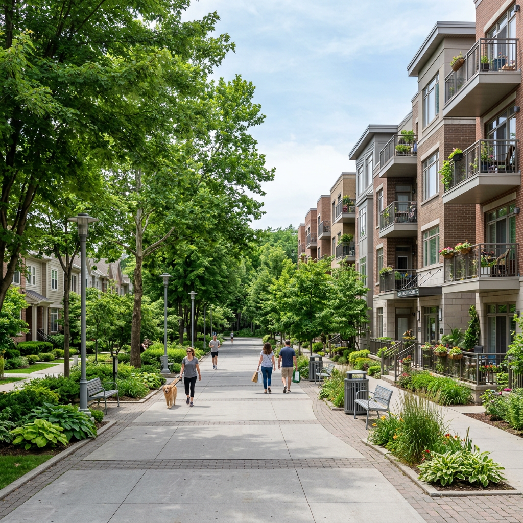 Pedestrian walkway lined with trees and modern residential buildings with balconies