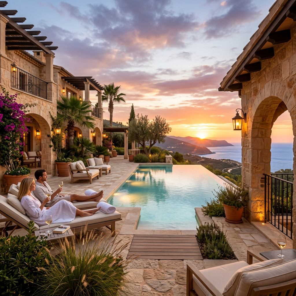 Couple relaxing on loungers with wine by infinity pool at villa overlooking ocean at sunset