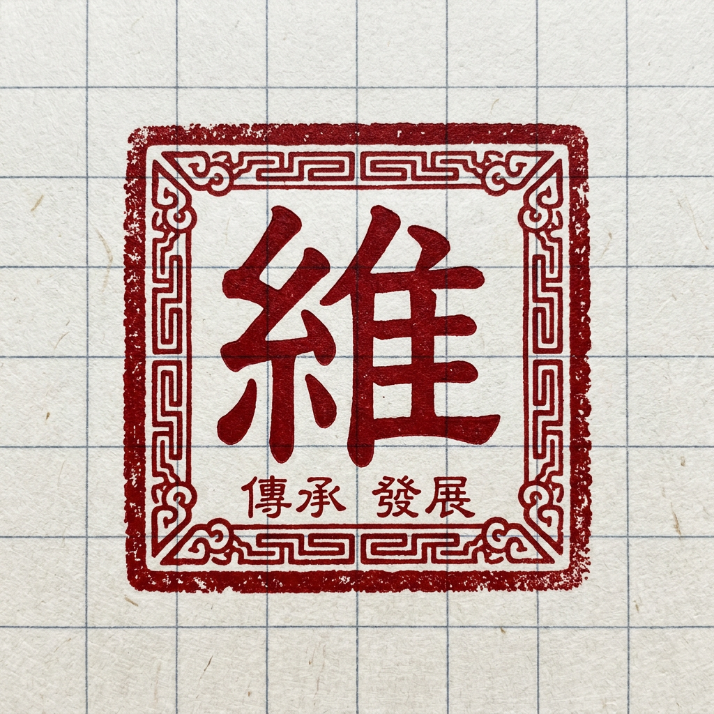 Red Chinese seal stamp with traditional characters and decorative border on white grid paper